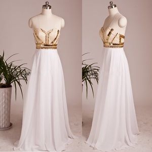 White and Gold strapless Prom Dress